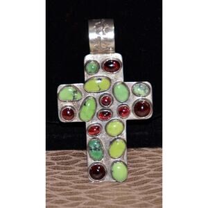 Vintage Native American Navajo NAKAI TURQUOISE & AMBER Pendant Cross Statement